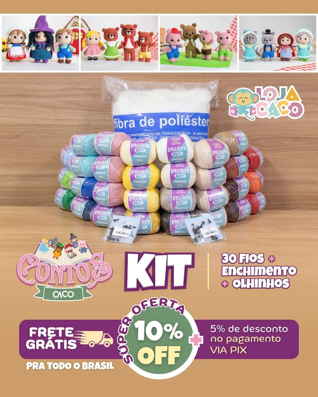 Kit Contos | 30 Fios + Enchimento + Olhinhos